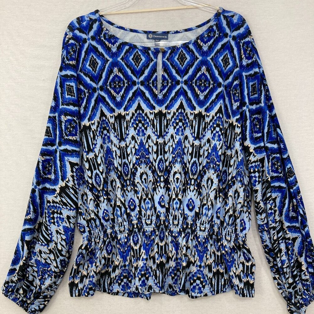 New Democracy size PXL Blue Black IKAT Print Ultra Soft Long Sleeve Blouse